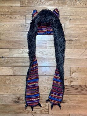 Wolf Faux Fur Festival Hood Scarf Tribal Print Rave Cosplay Wolf Hood